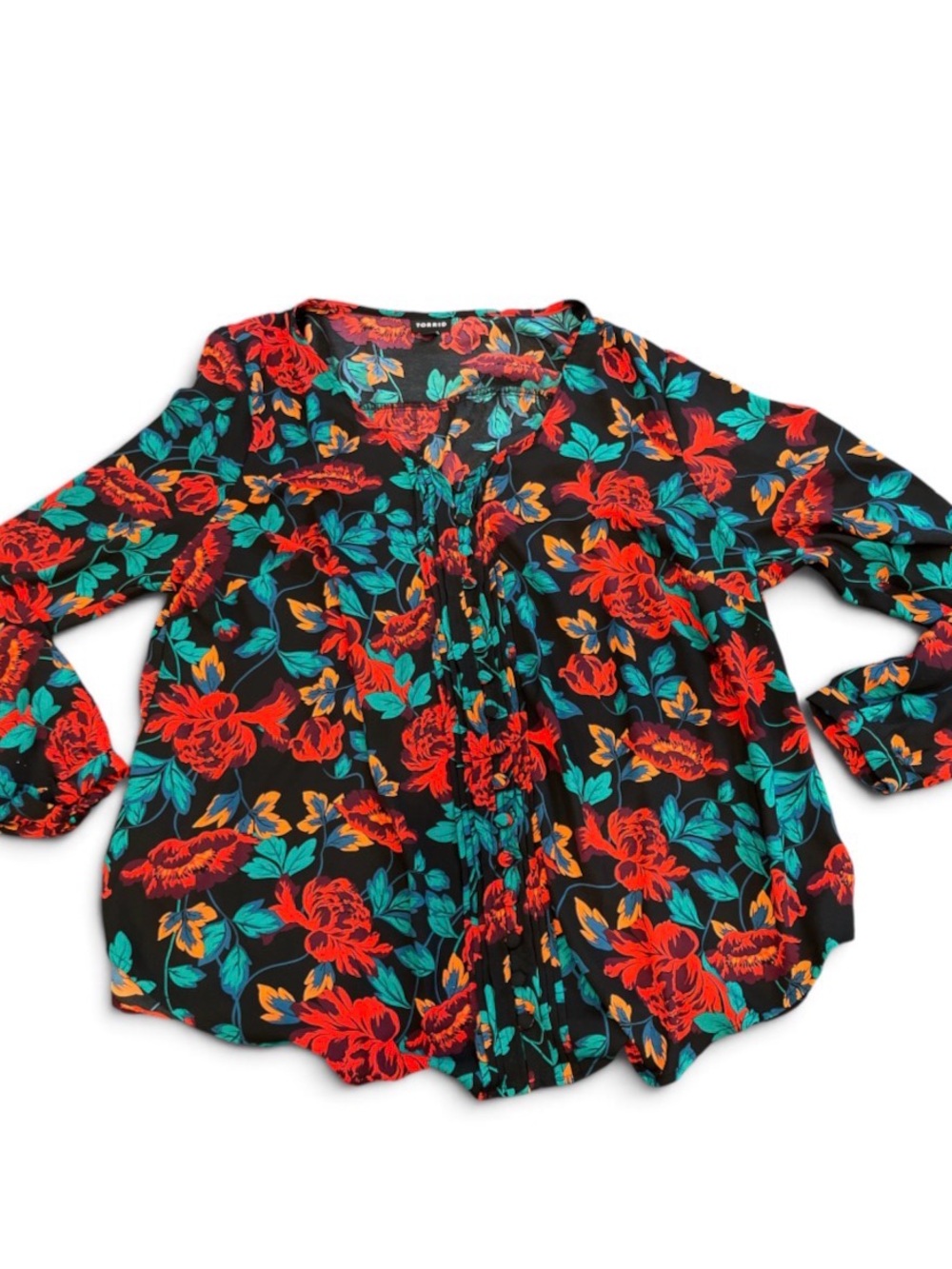 Torrid 0x Floral lightweight long sleeve Blouse - Black with Red & Teal Floral